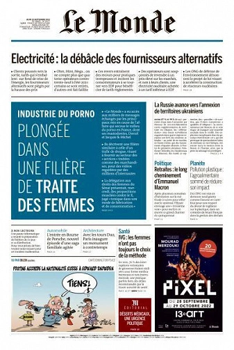 Jaquette de Le Monde du 29 Septembre 2022