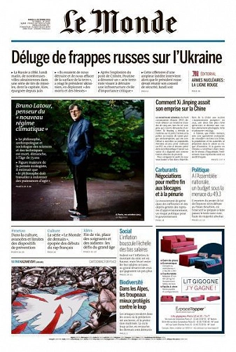 Jaquette de Le Monde du 11 Octobre 2022
