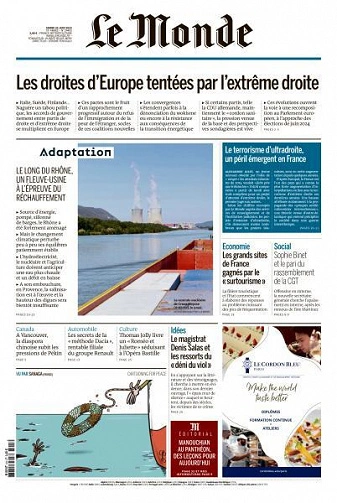 Jaquette de Le Monde du 20 Juin 2023