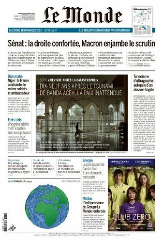 Jaquette de Le Monde du Mardi 26 Septembre 2023