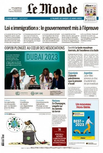 Jaquette de Le Monde du Mardi 12 Décembre 2023