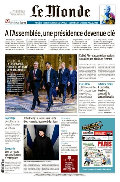 Jaquette de Le Monde du 19 Juillet 2024