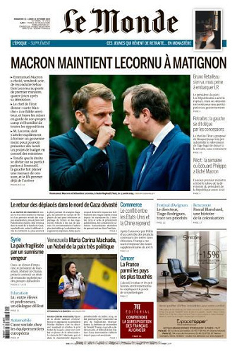 Jaquette de Le Monde du Dimanche 12 et Lundi 13 Octobre 2025